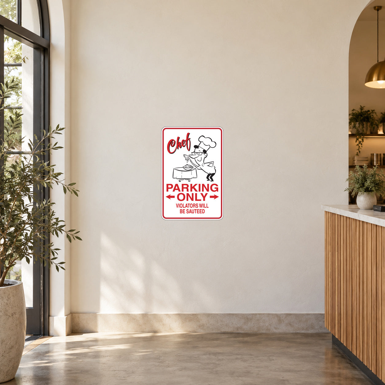 Chef Parking Only Sticker applied to a cream cafe entrance wall