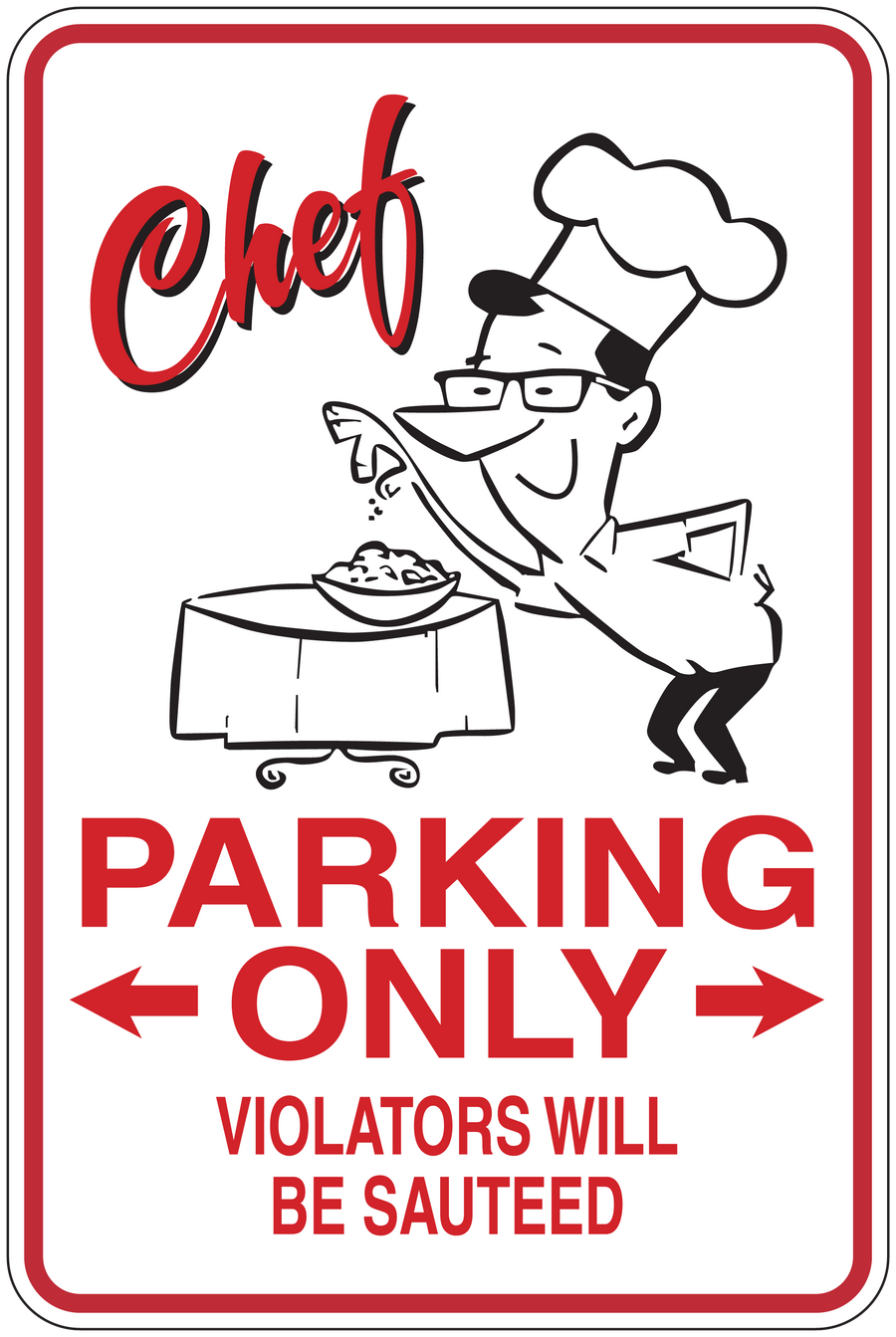 Chef parking only sticker with chef illustration, red border, and warning text.