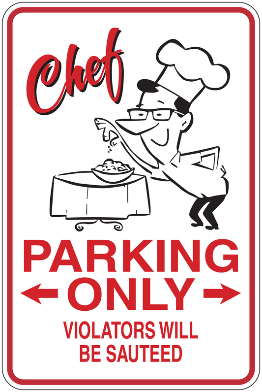 Chef parking only sticker with chef illustration, red border, and warning text.