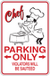 Chef parking only sticker with chef illustration, red border, and warning text.