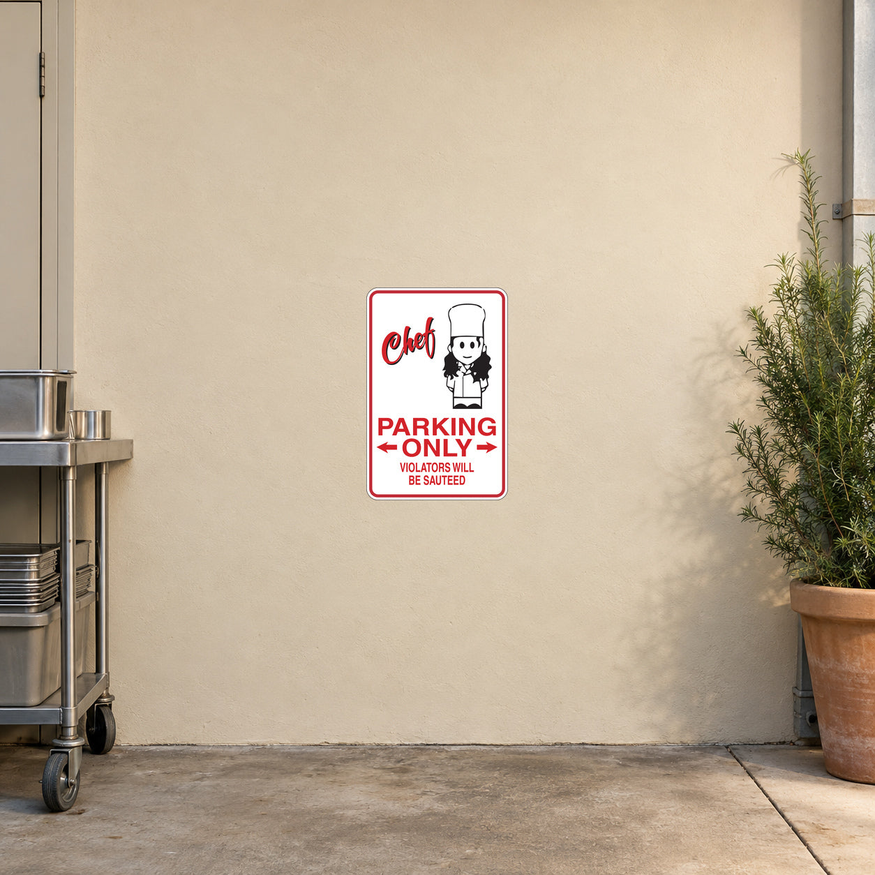 Red-bordered parking-only sticker with chef icon and bold PARKING ONLY text