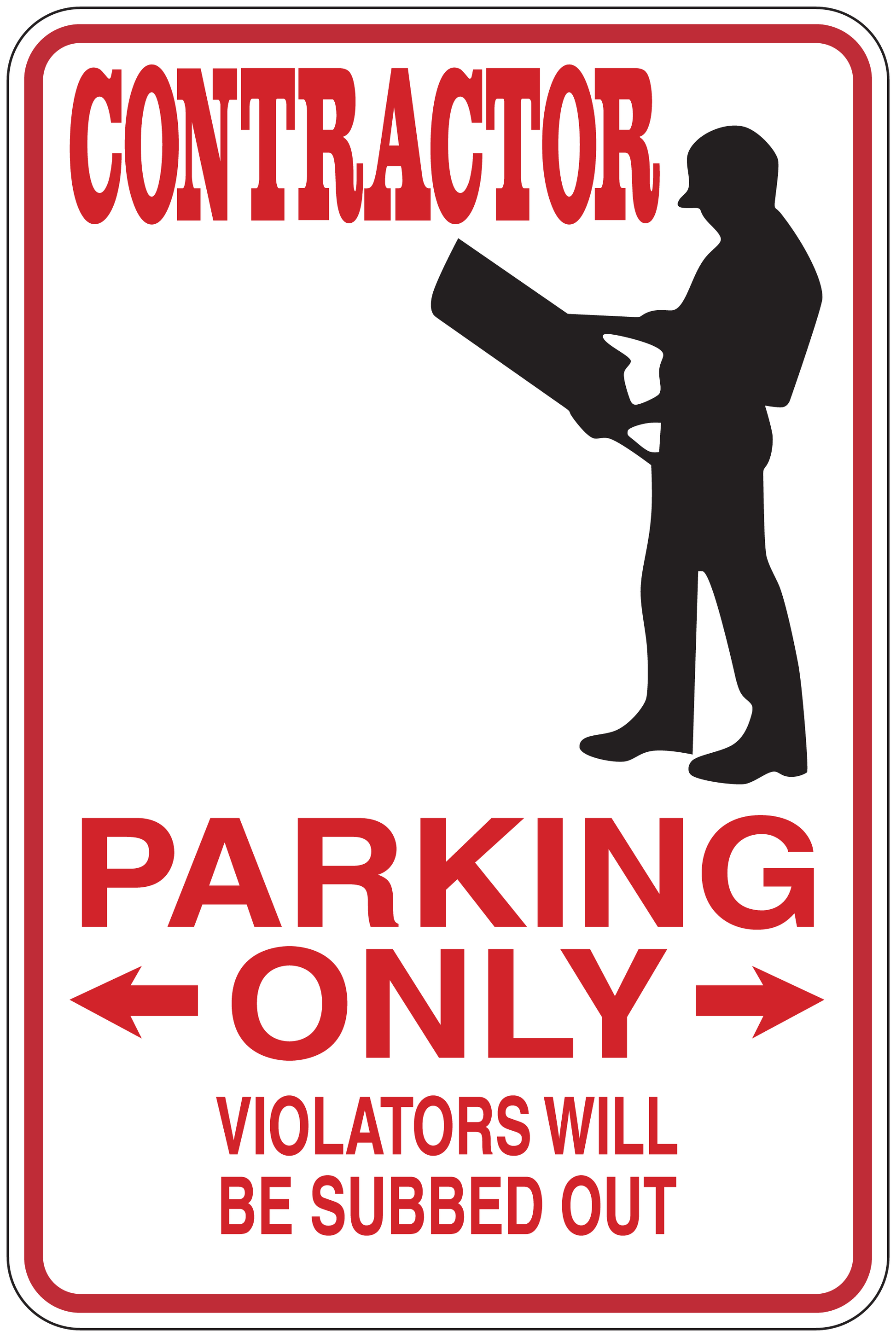 Contractor parking only sign sticker with worker silhouette and text: PARKING ONLY