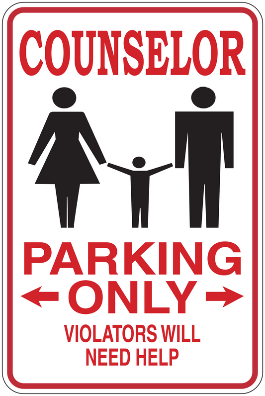 Counselor parking only sign sticker with family parking icon and red warning text