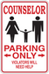 Counselor parking only sign sticker with family parking icon and red warning text