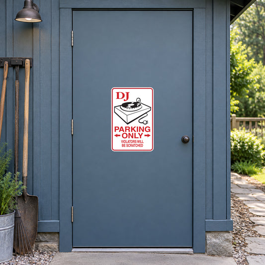 DJ Parking sticker with turntable icon and red PARKING ONLY text