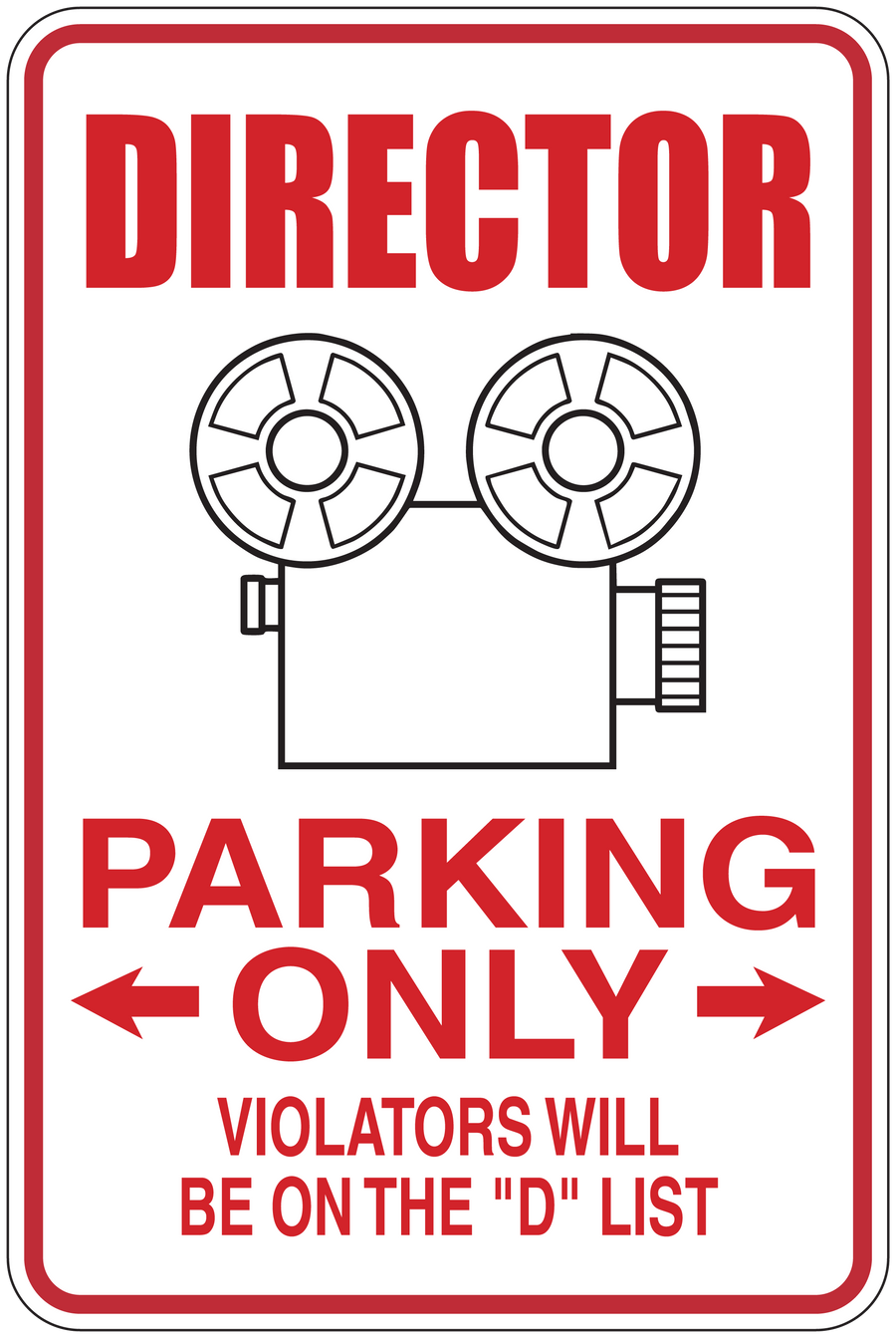 Director parking only sticker with wheel icons and red “PARKING ONLY” text
