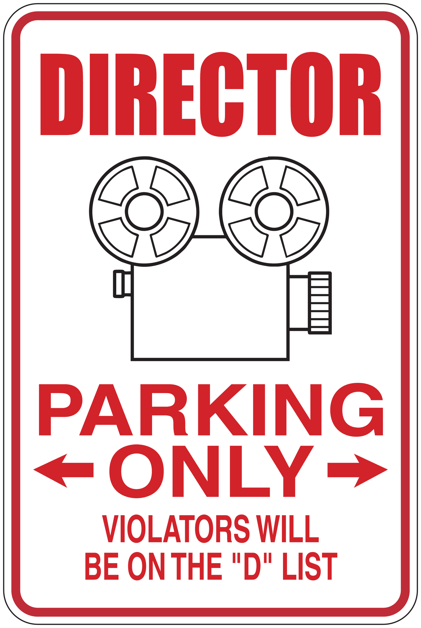 Director parking only sticker with wheel icons and red “PARKING ONLY” text