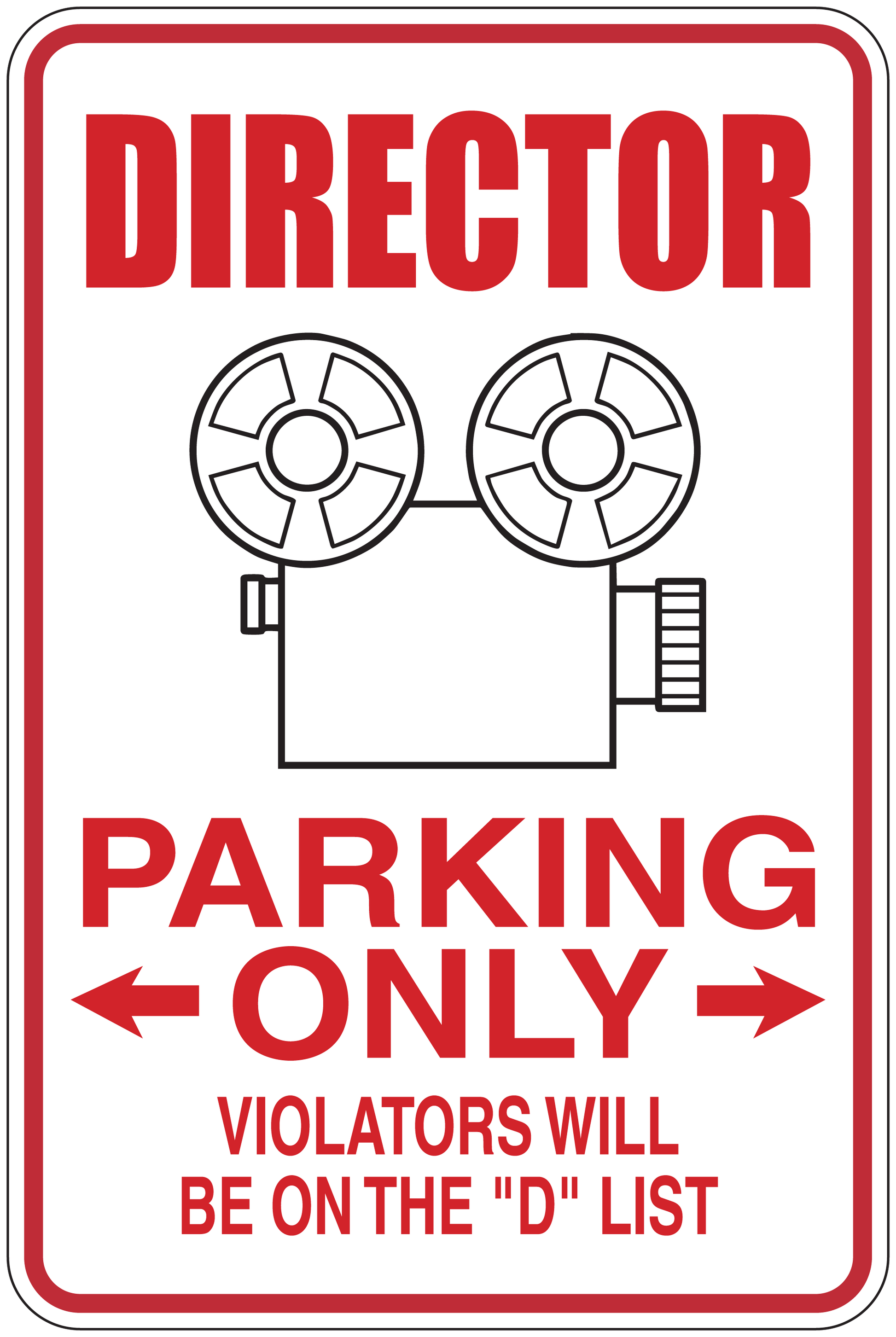 Director parking only sticker with wheel icons and red “PARKING ONLY” text