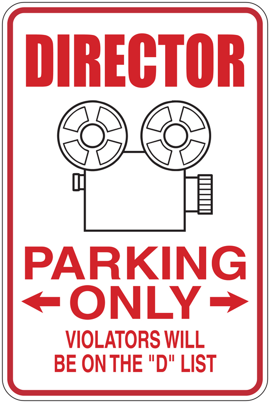 Director parking only sticker with wheel icons and red “PARKING ONLY” text