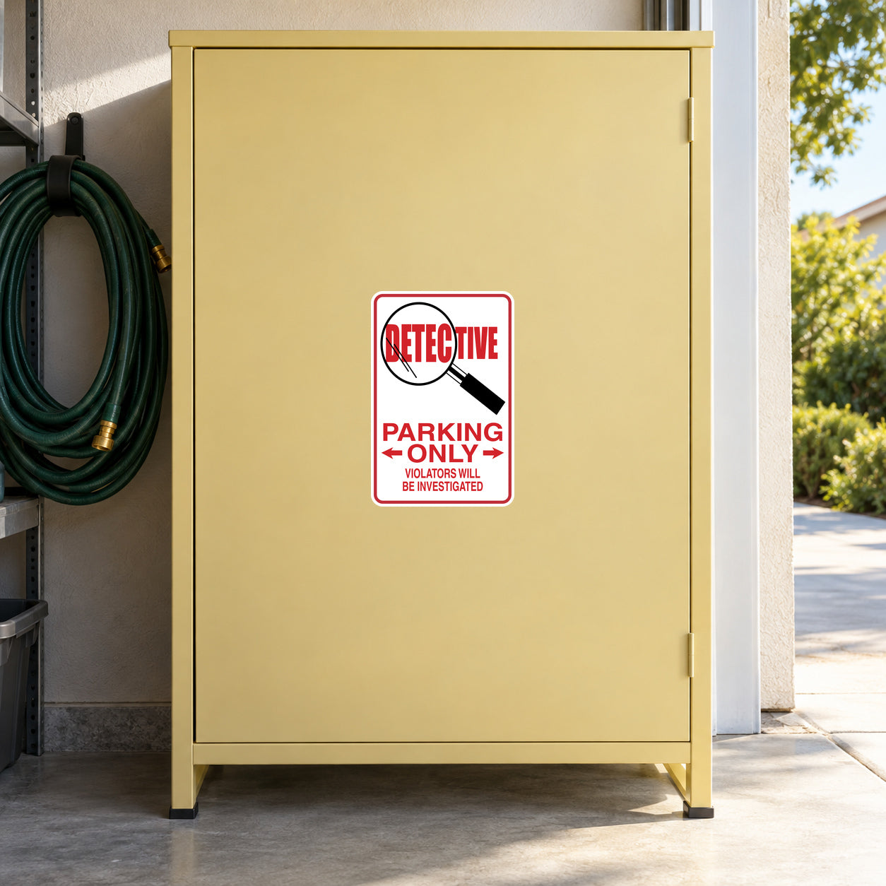 Detective Parking Only Sticker applied to a pale yellow private garage cabinet