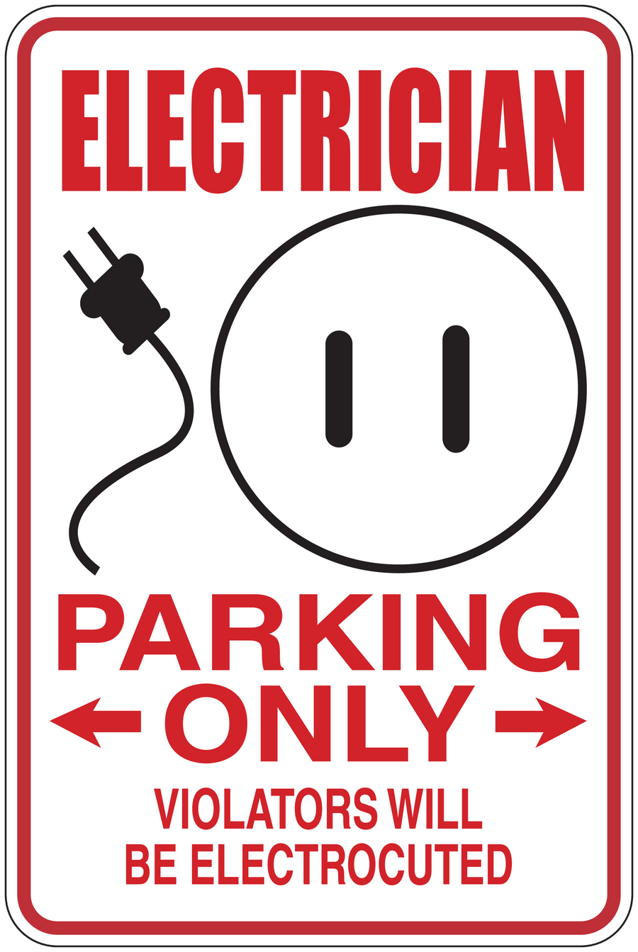 Electrician parking only sticker with plug icon, red text, arrows, and warning about electrocution