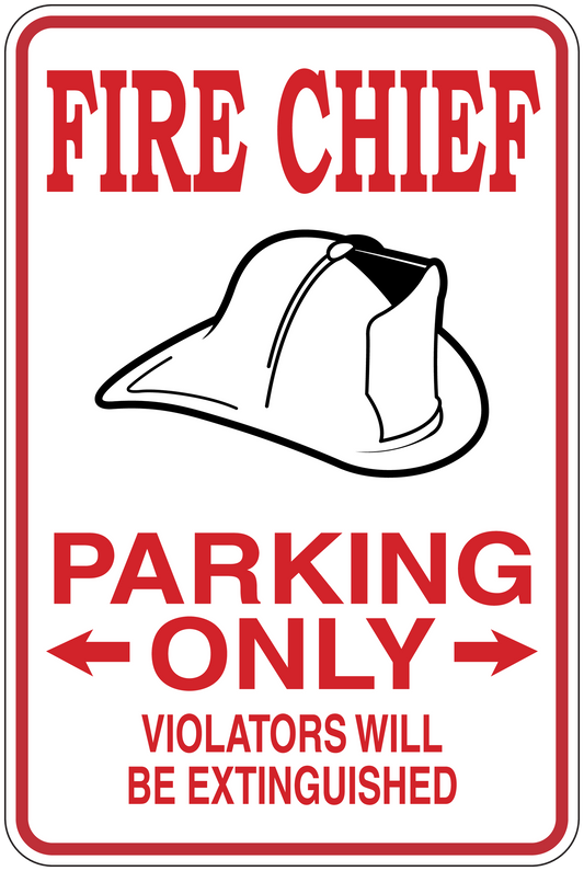 Fire chief parking only sticker with helmet and bold red warning text