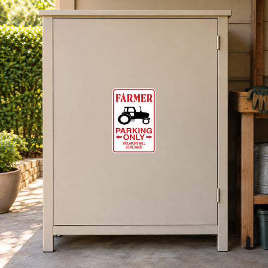Red Farmer Parking Only sticker with tractor icon on metal cabinet door