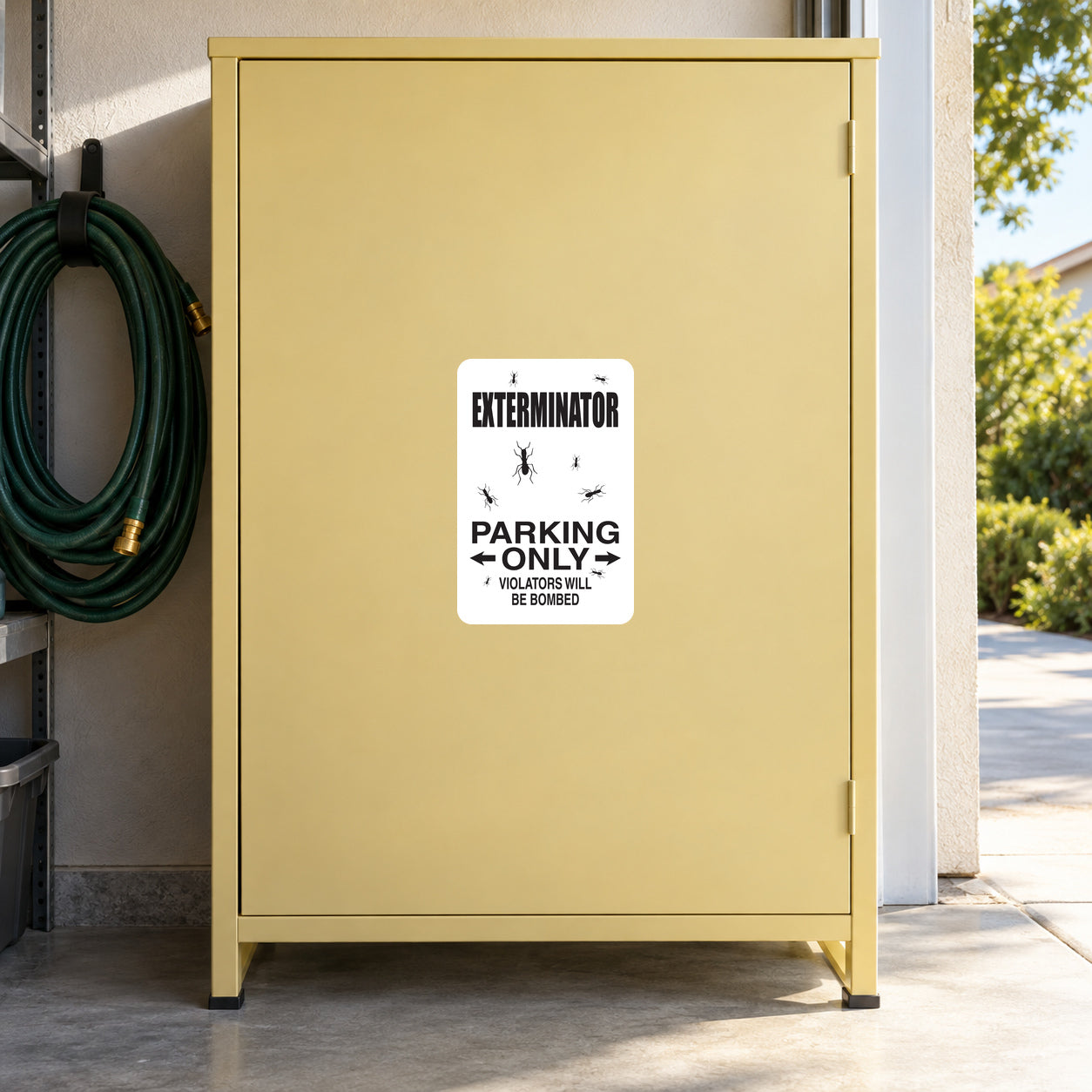 Exterminator Parking only Sticker applied to a pale yellow private garage cabinet