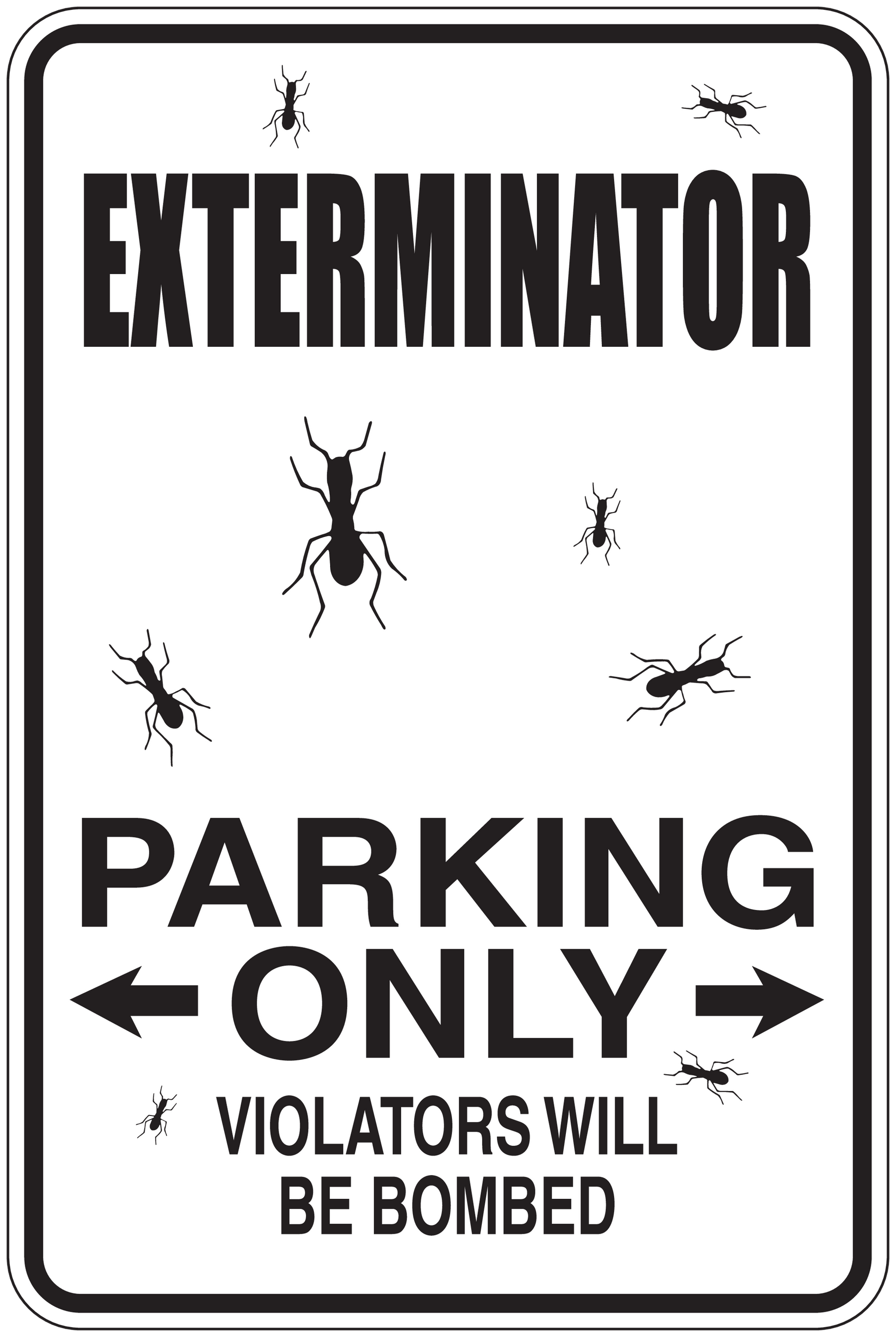 Exterminator parking only sticker with black insect icons and bold text: PARKING ONLY