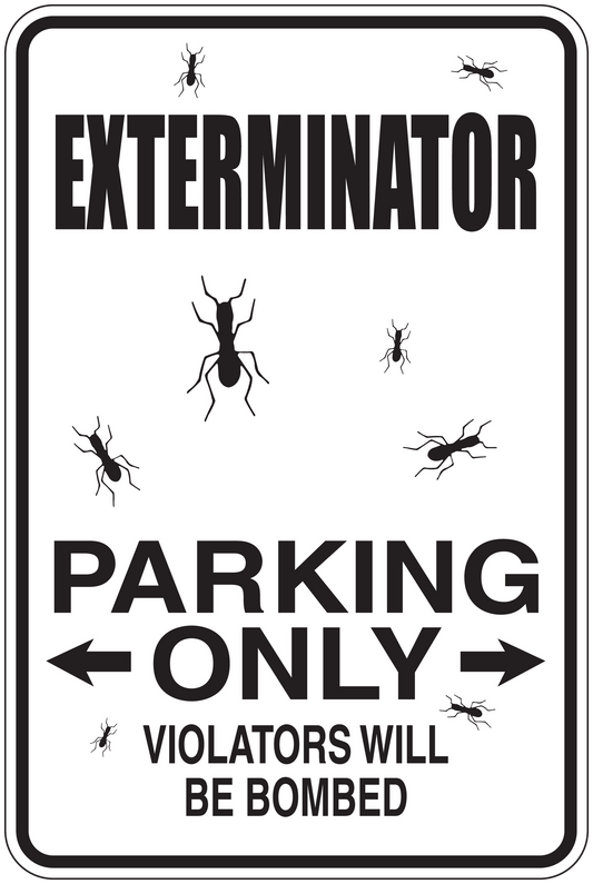 Exterminator parking only sticker with black insect icons and bold text: PARKING ONLY