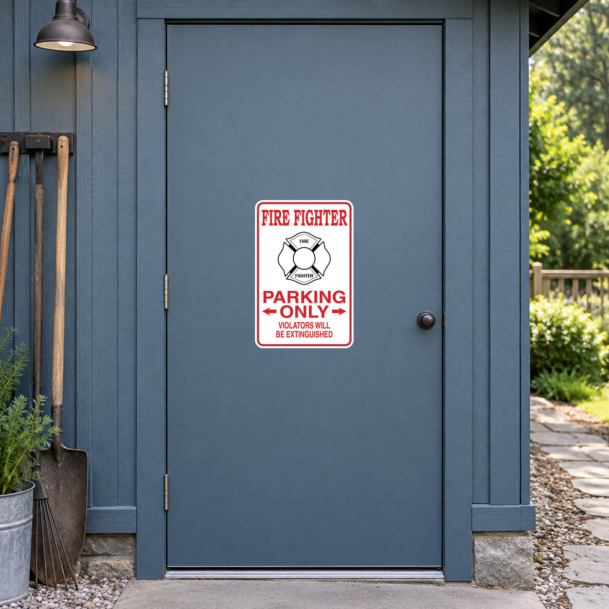 FIre FIghter Parking Only Sticker applied to a slate blue rural workshop door