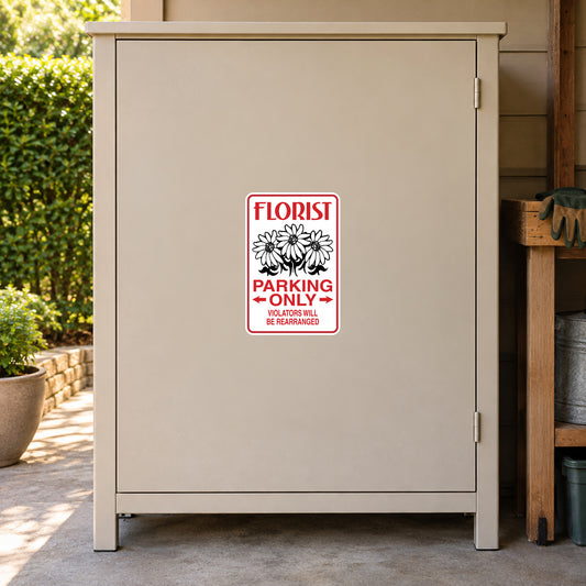 Florist parking only sign sticker with flower icon, red border, and reserved text