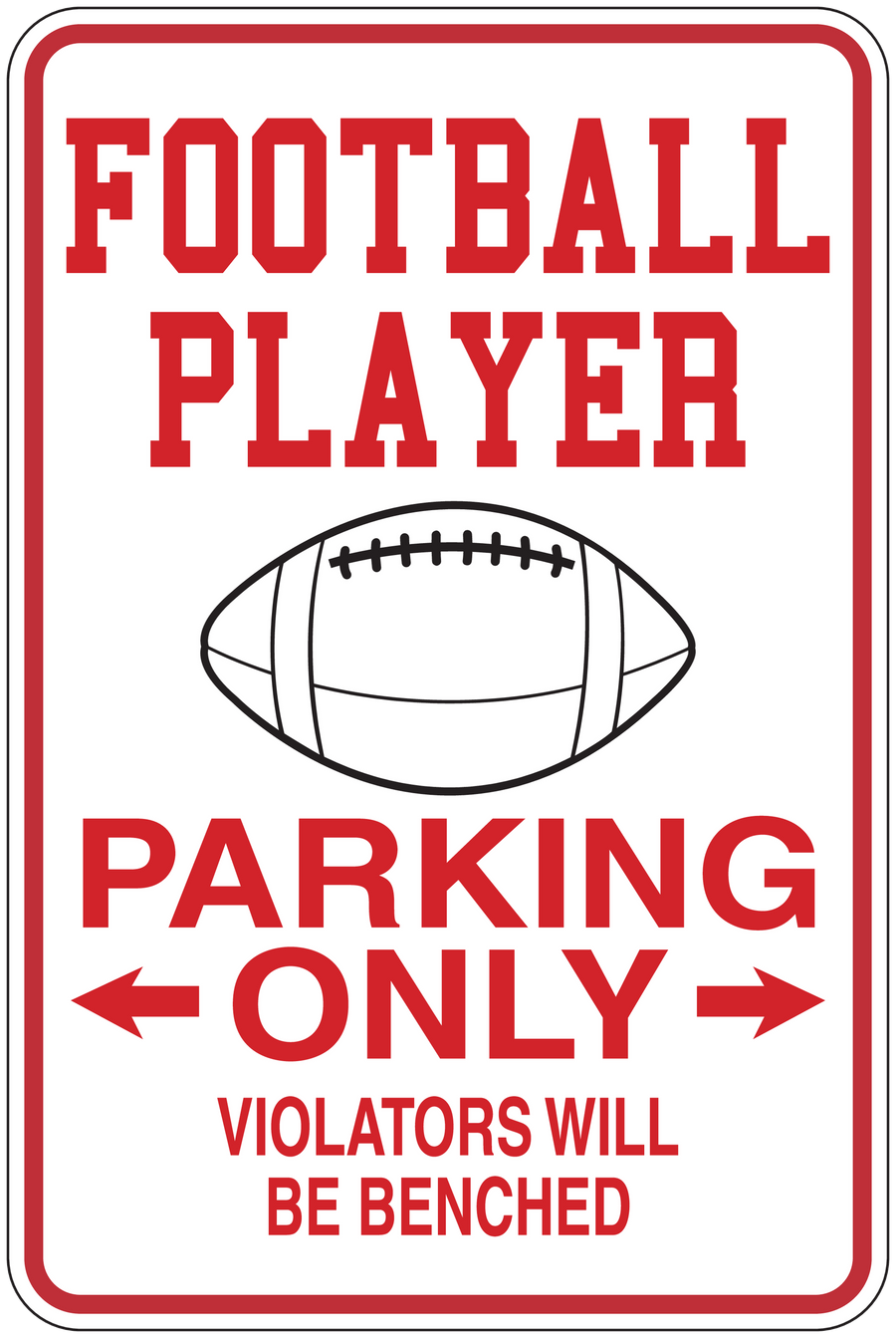 Football player parking only sticker, red border, football icon, text: Parking Only, violators benched