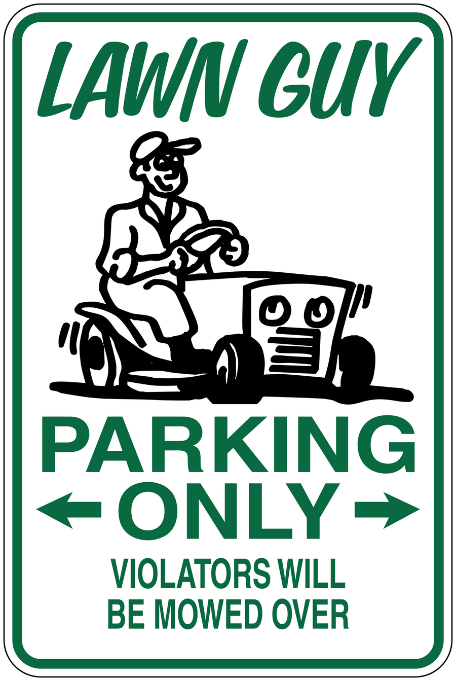 Green parking only sticker with Lawn Guy logo, mower art, and ‘Violators will be mowed over’