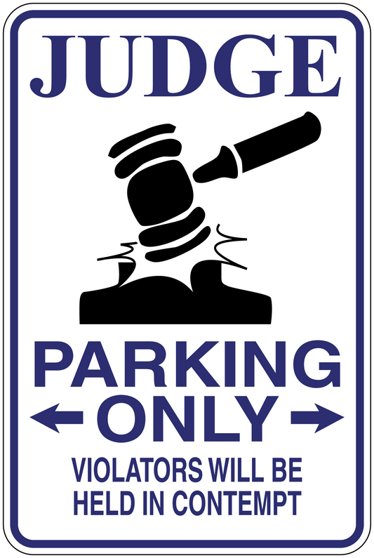Judge parking only sticker with gavel icon and blue warning text