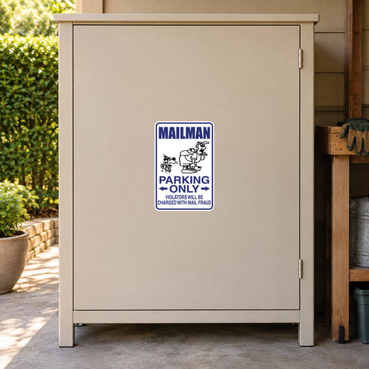 Blue "Mailman Parking Only" parking restriction sticker with mail carrier icon
