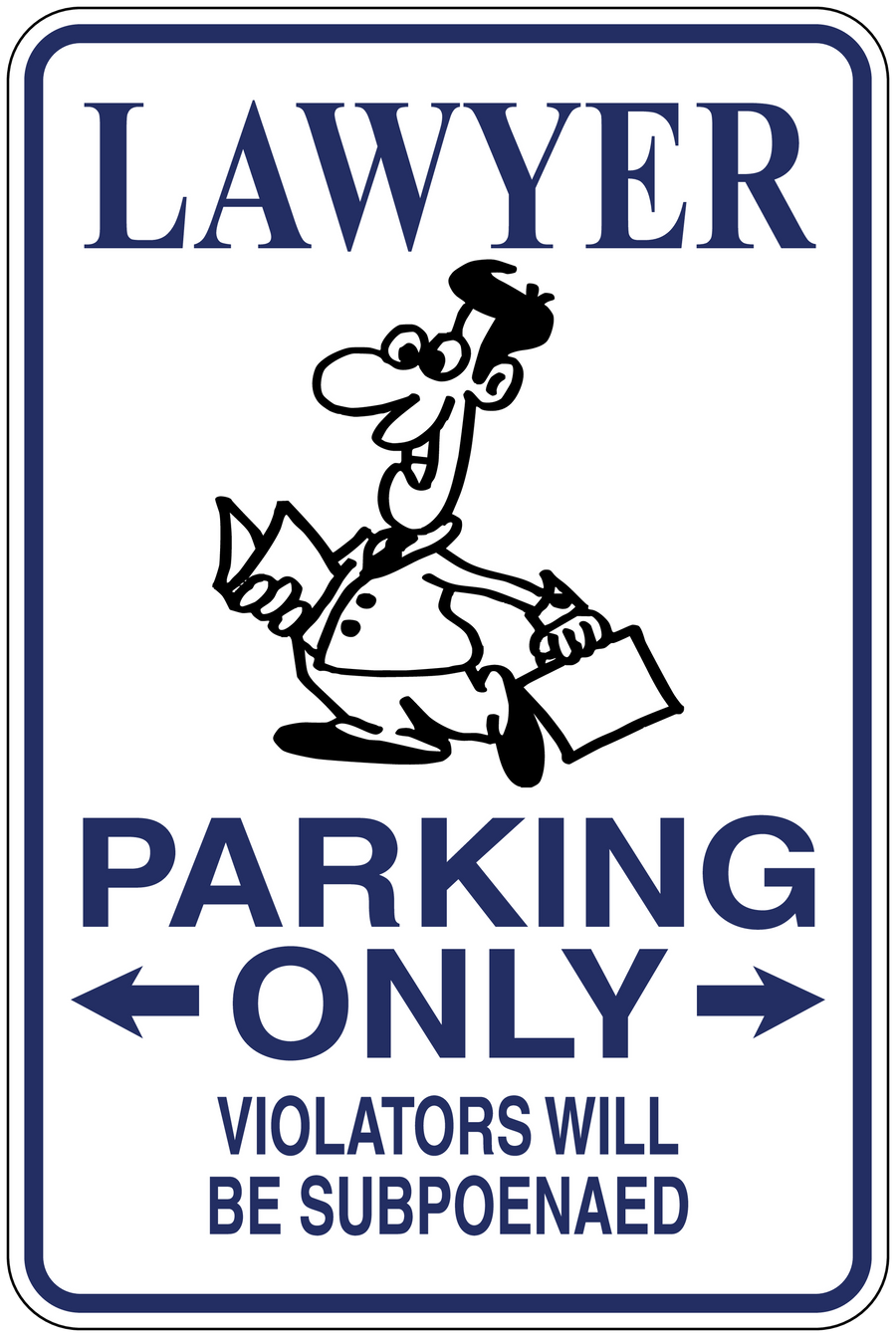 Lawyer Parking Only sticker with blue border, lawyer icon, and text: Violators will be subpoenaed