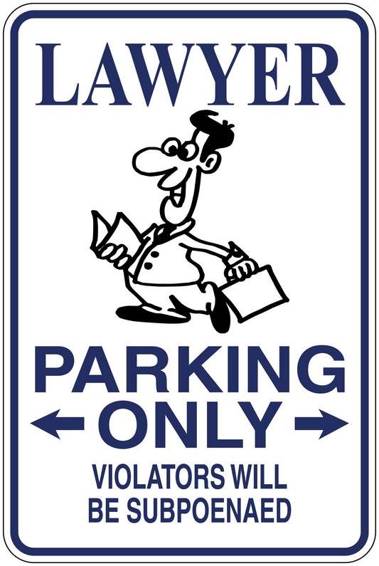 Lawyer Parking Only sticker with blue border, lawyer icon, and text: Violators will be subpoenaed