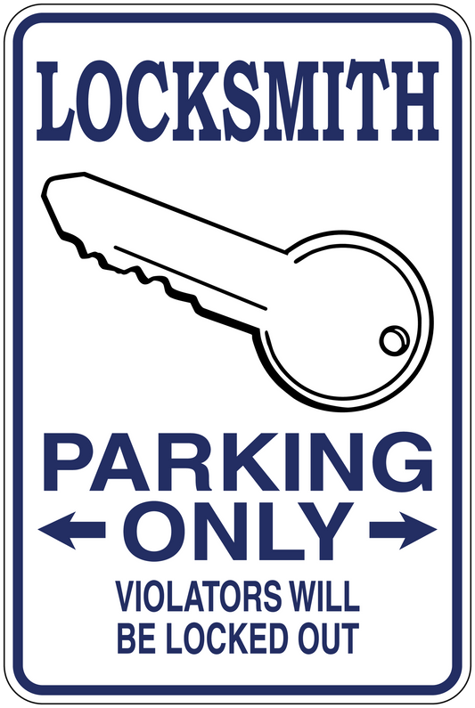 Locksmith parking only sticker with key icon and text: PARKING ONLY, VIOLATORS WILL BE LOCKED OUT