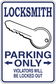 Locksmith parking only sticker with key icon and text: PARKING ONLY, VIOLATORS WILL BE LOCKED OUT