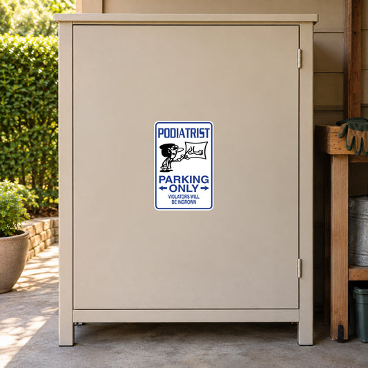 Podiatrist parking only sticker with blue icon and text PODIATRIST PARKING ONLY