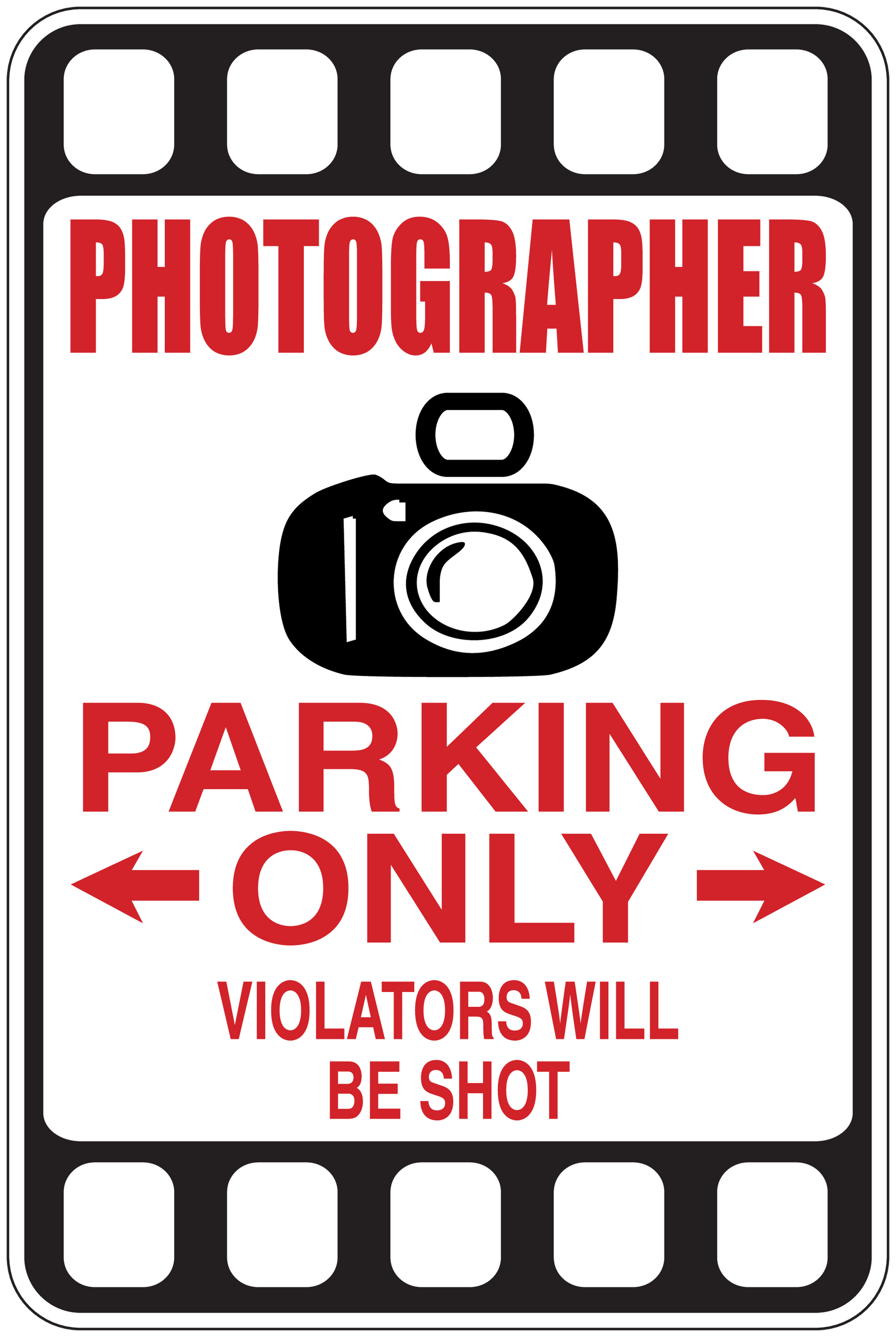 Photographer parking only sticker with camera icon and text: violators will be shot