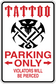 Parking only sticker with skull-and-crossbones emblem, red arrows, 'Violators will be pierced'