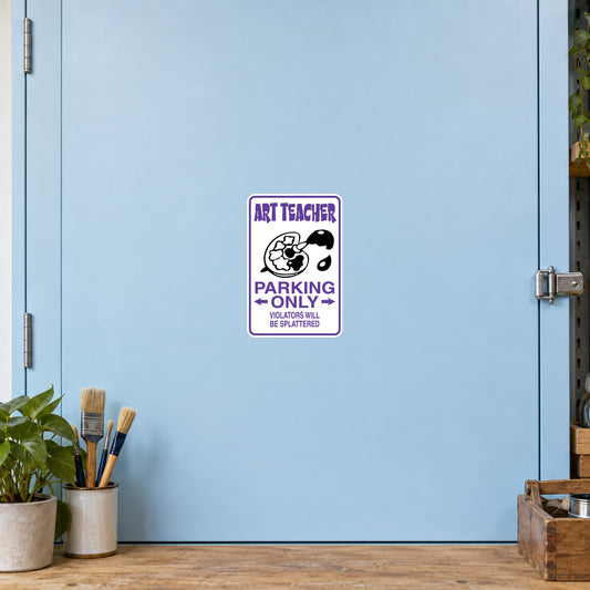 Purple art teacher parking only sticker with paint palette icon and warning text