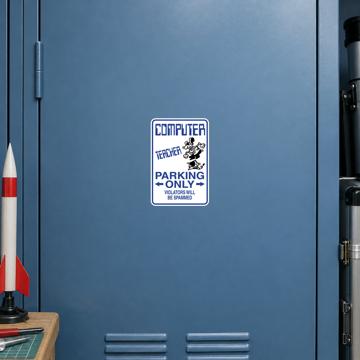 Computer Teacher Parking Only Sticker applied to a dusty blue hobby workshop locker
