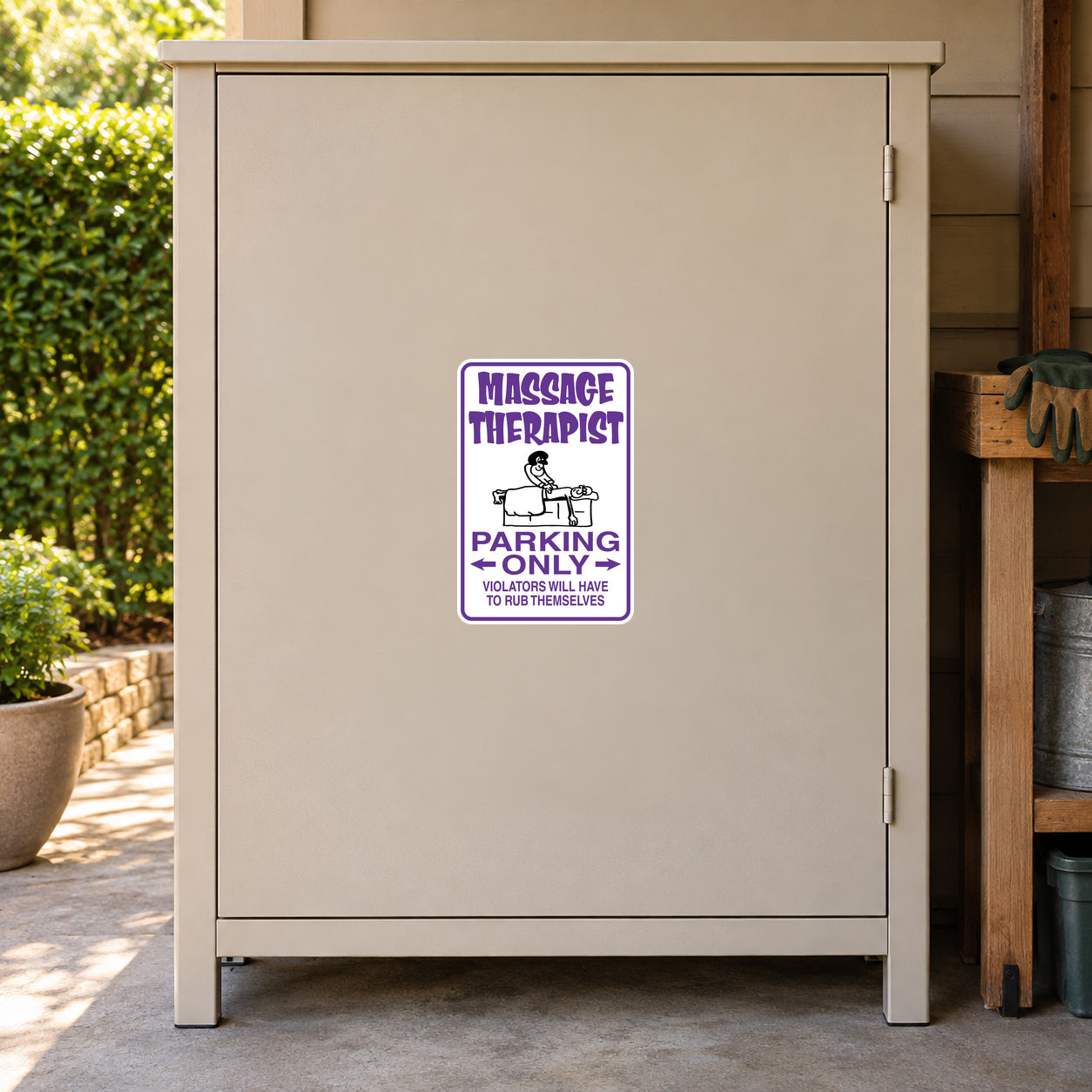 Massage therapist parking only sticker with purple border and text