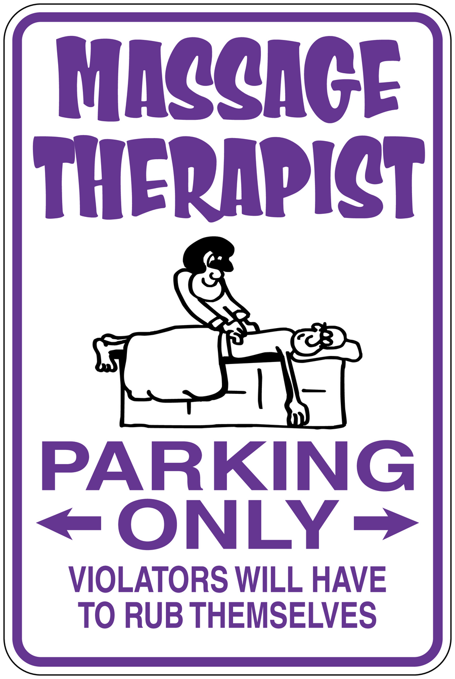 Purple massage therapist parking-only sticker with massage illustration and bold warning text