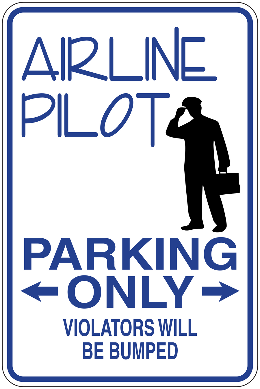 Airline pilot parking only sticker with pilot silhouette and bold blue safety text