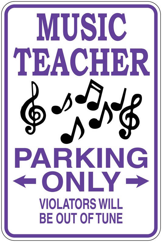 Music teacher parking only sign sticker with musical notes, purple and white text