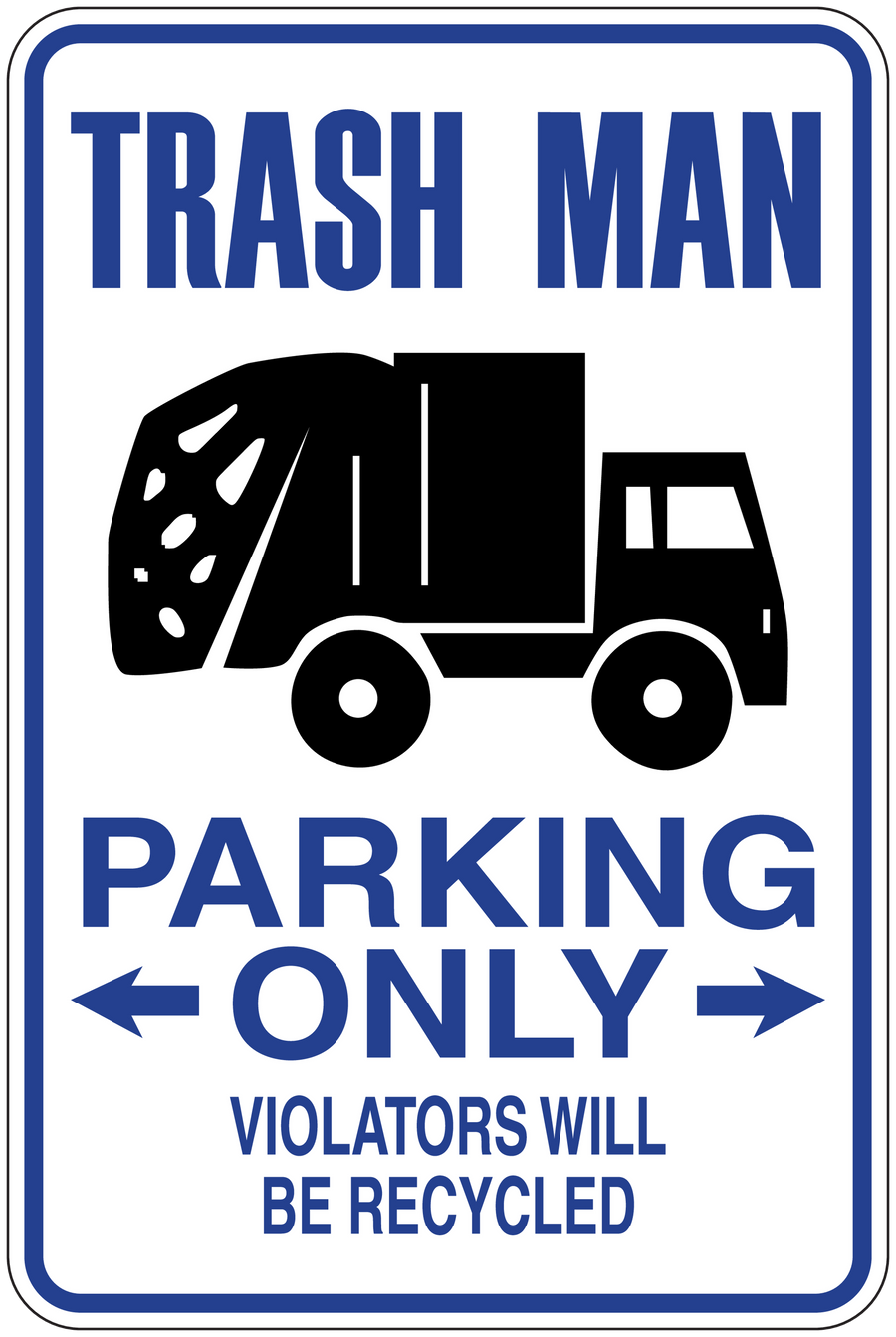 Parking only sticker with trash-truck icon, arrows, and recycling notice text