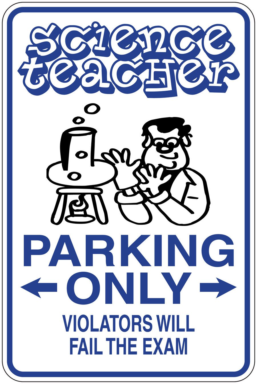 Science themed parking only sticker with beaker character and bold warning text