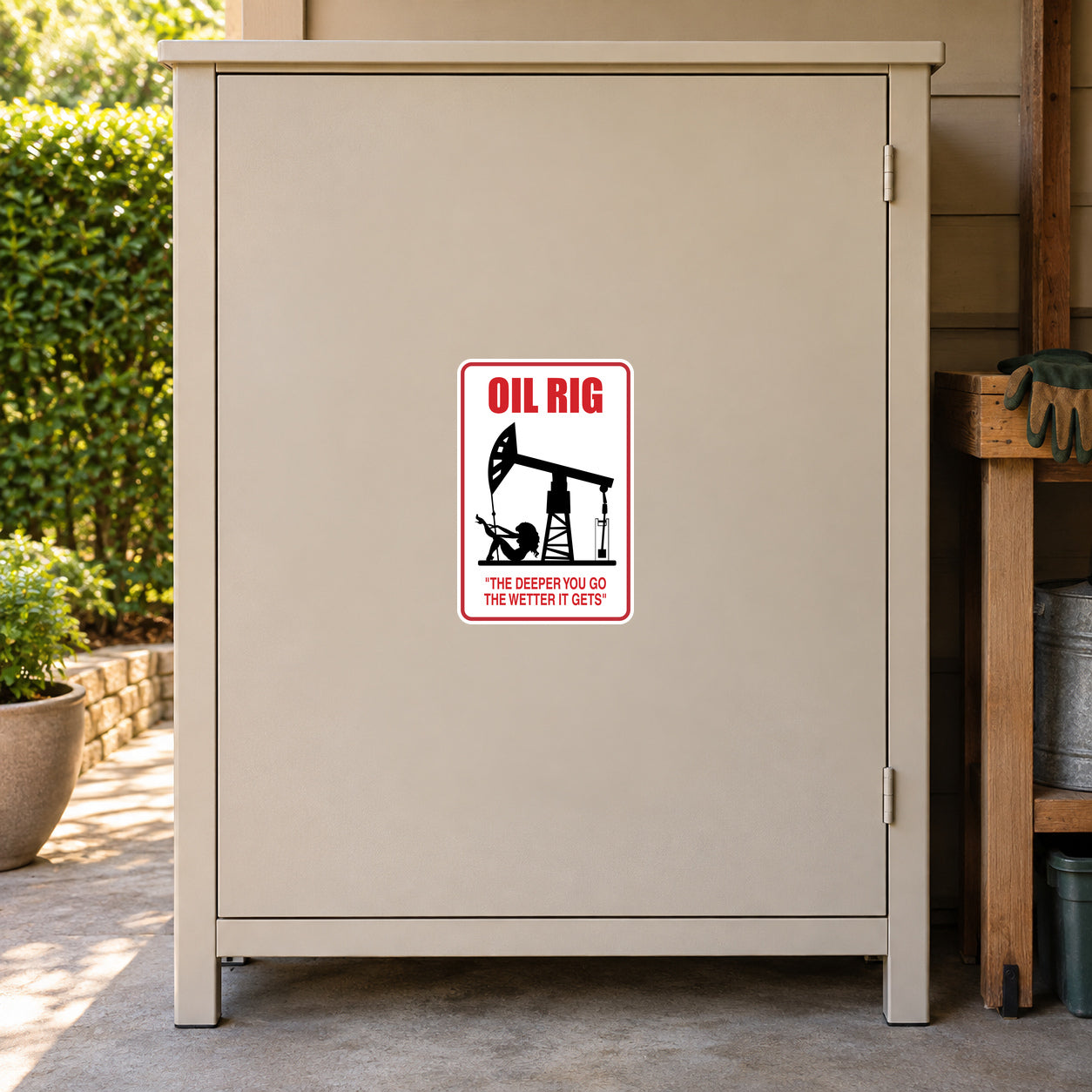 Oil rig quote sign sticker with red border and black oil rig illustration