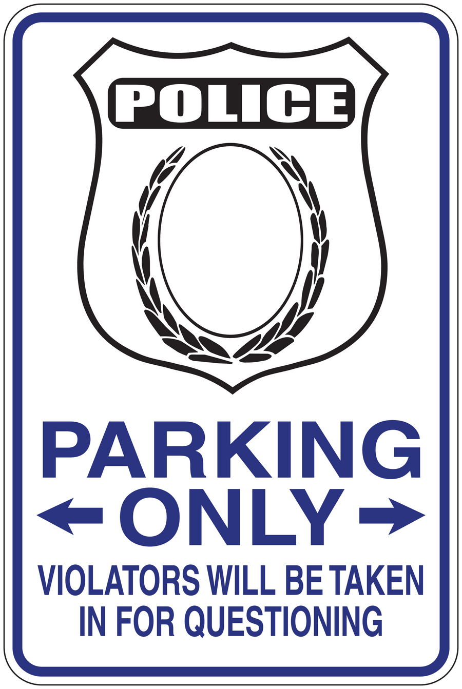 Police parking only fun sign sticker, black and white shield with blue text and arrows