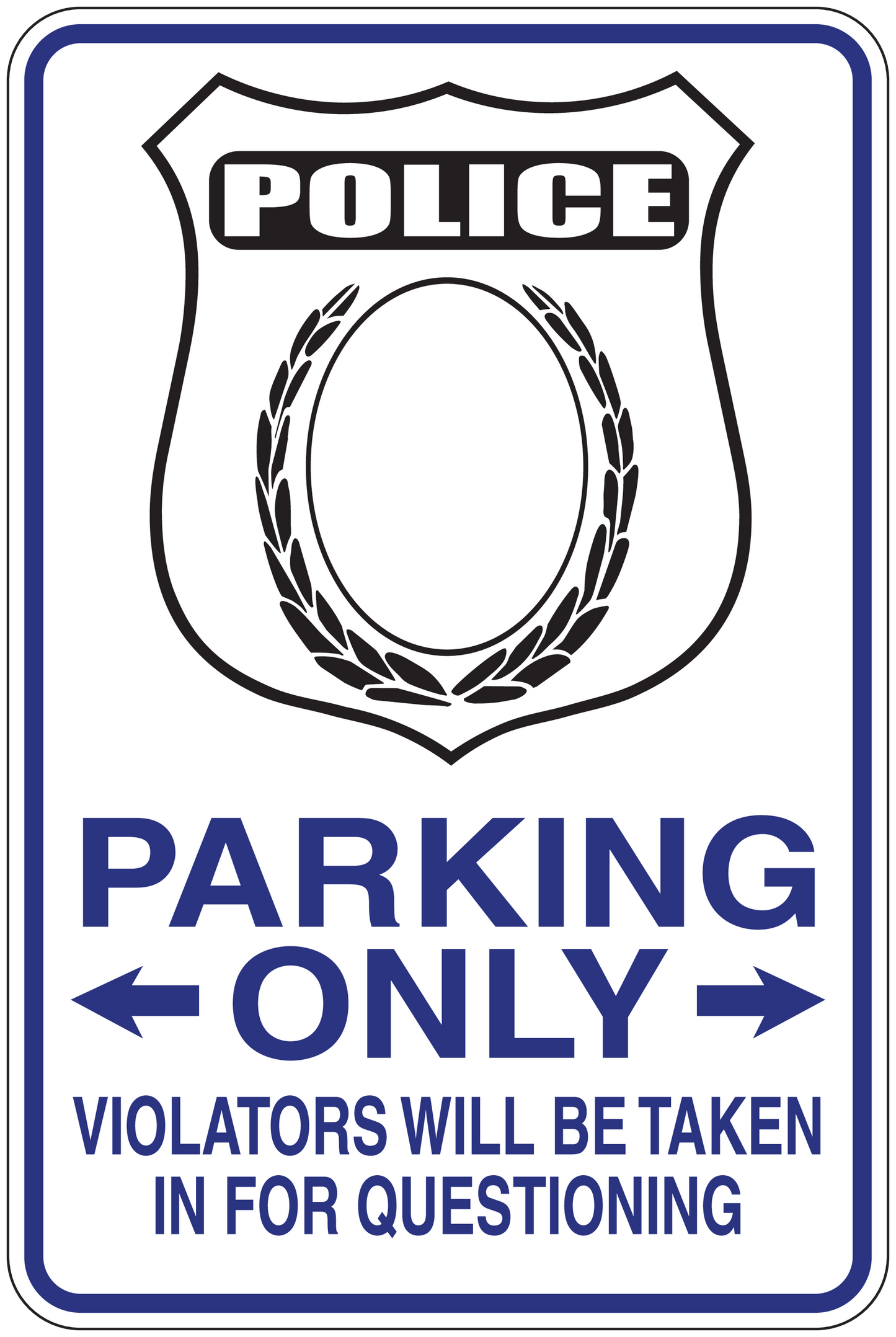 Police parking only fun sign sticker, black and white shield with blue text and arrows