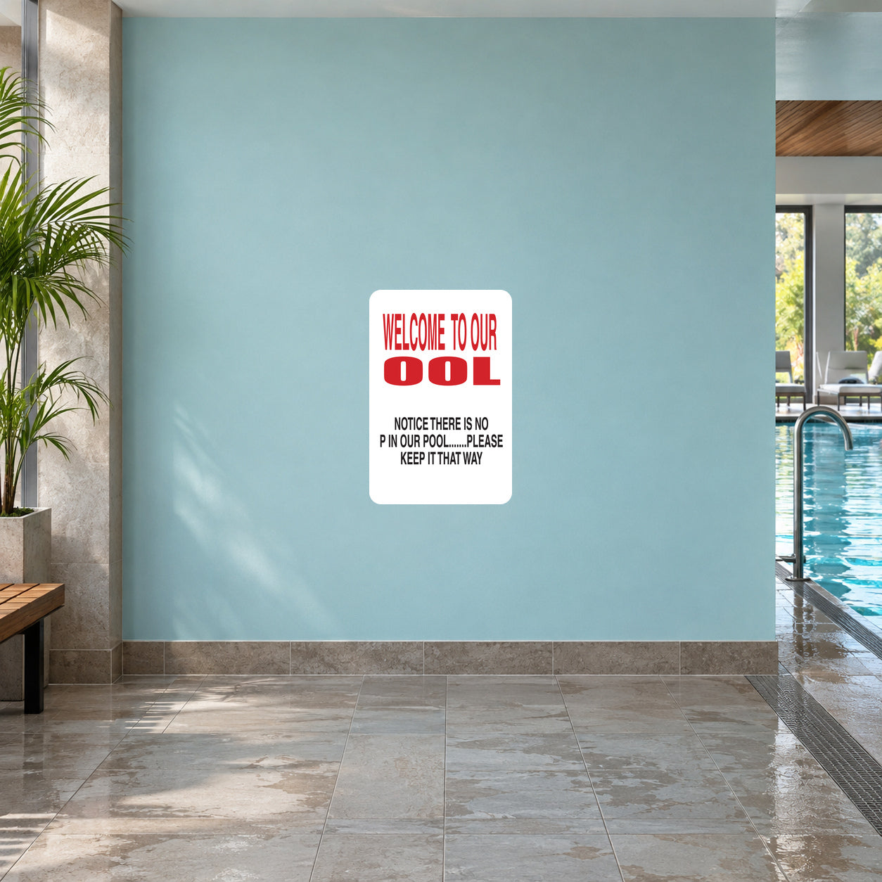 Fun Sign Sticker applied to a pale aqua indoor pool wall