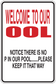 Rectangular sticker with 'Welcome to our pool' and 'no pin' text in red and black.