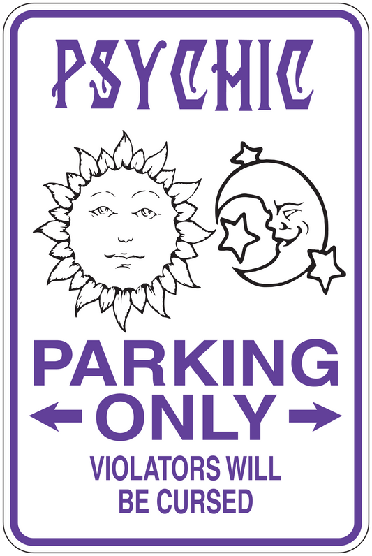 Purple parking-only sign sticker with sun, moon, and stars; text: PARKING ONLY.