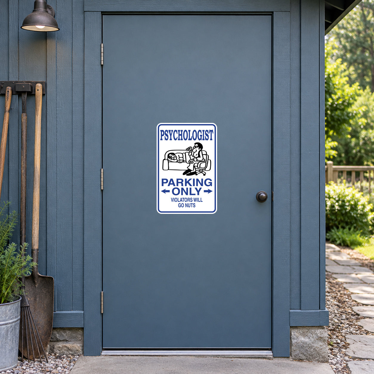 Blue outlined sticker reading 'PARKING ONLY' with psychologist icon