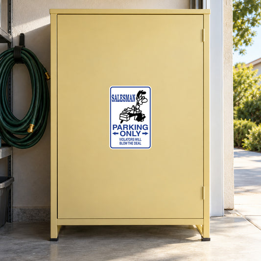 Blue parking-only sign sticker with salesman icon and towing warning text