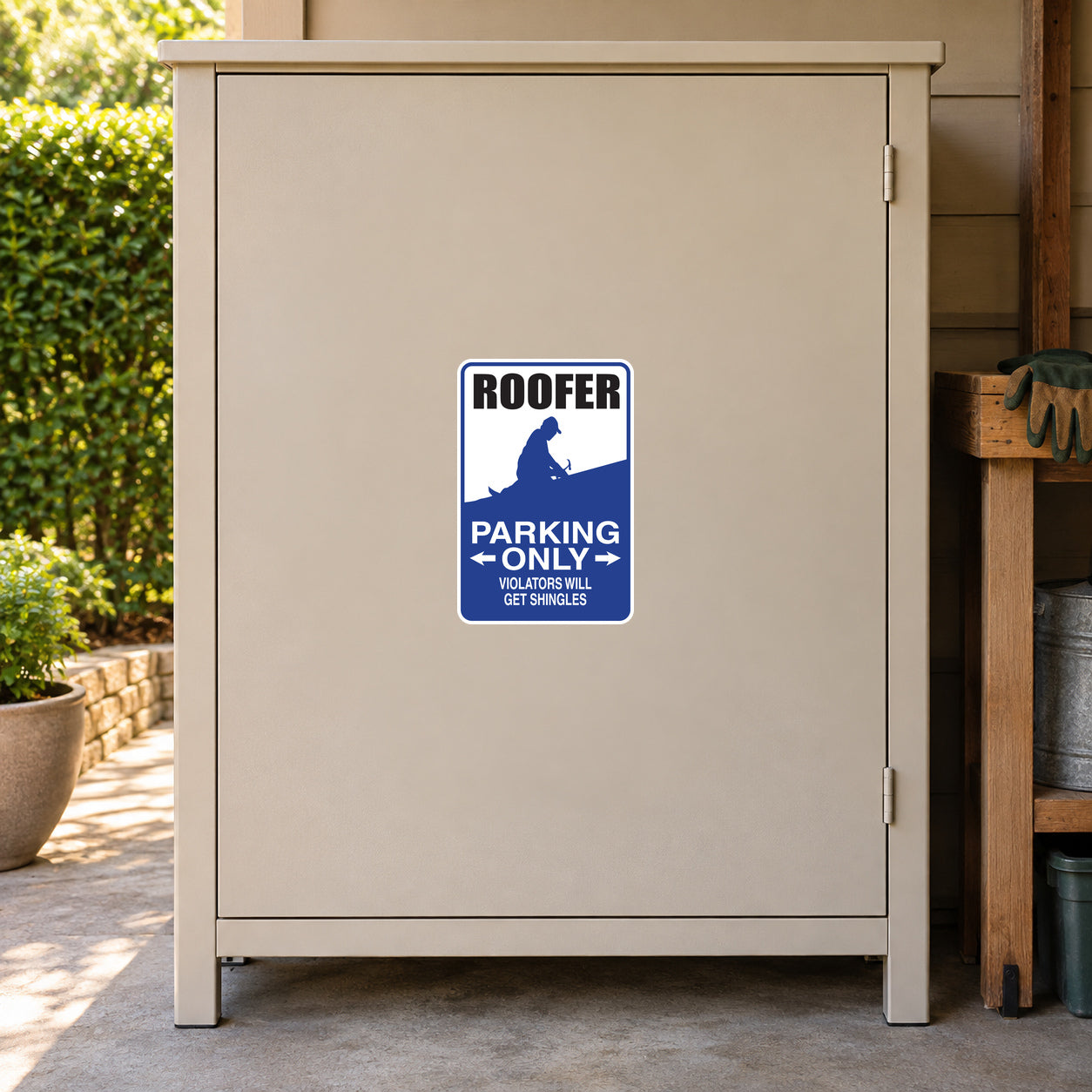 Square sign sticker with blue Roofer Parking Only text and arrow icons
